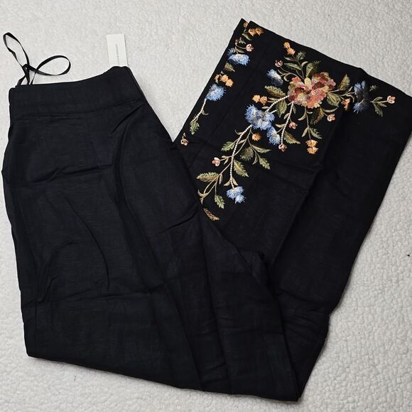 789 NWT Ranna Gill Floral Embroidered Linen Pants Size Large - Picture 2 of 7